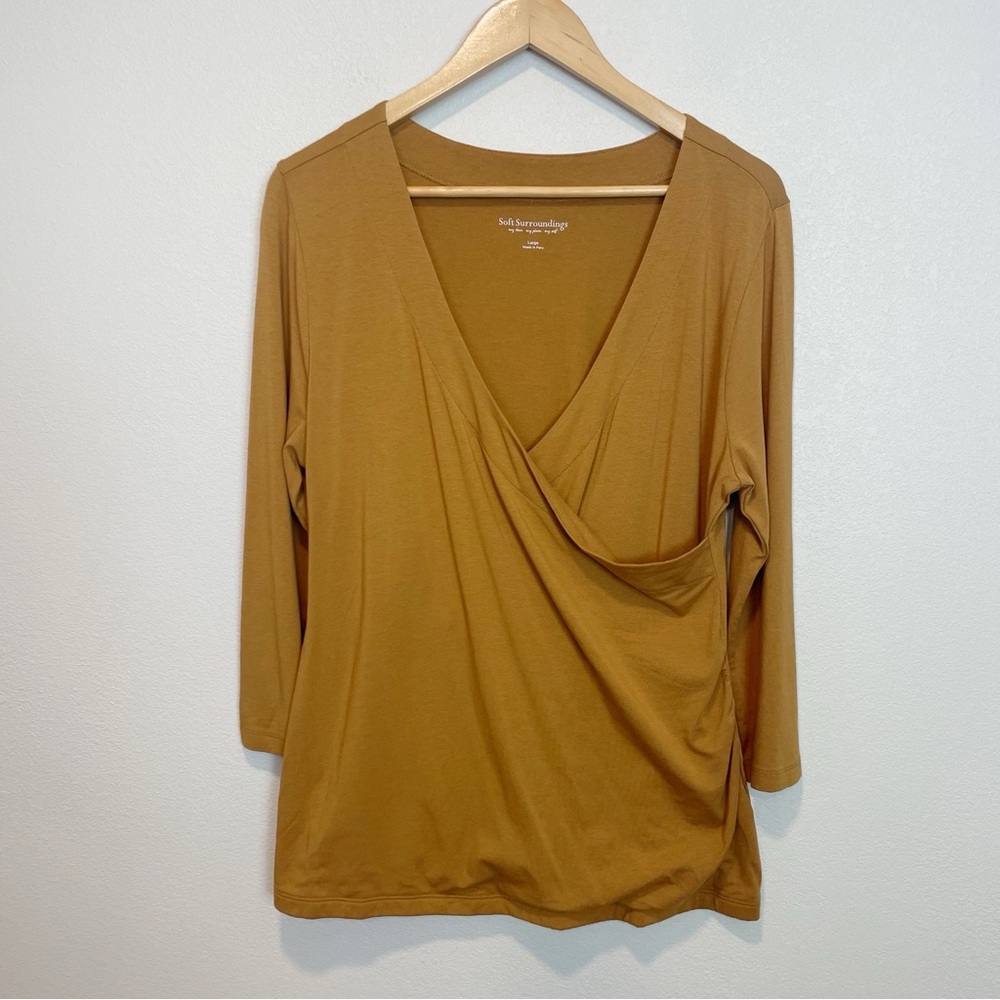 Soft Surroundings Alyssa Knit 3/4 Sleeve Faux Wrap Top Size Large